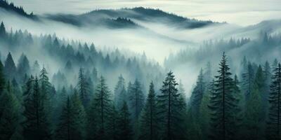 ai generado. ai generativo. aventuras al aire libre naturaleza niebla niebla nubes bosque arboles paisaje antecedentes salvaje explorar. gráfico Arte foto