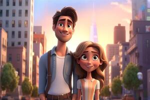 beautiful couple in the city, illustration of cartoon couple in the city, love and relationship concept, photo