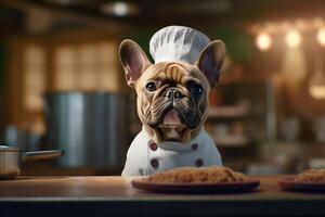 Funny image of a French Bulldog in a chef costume, showcasing culinary humor in the kitchen setting. Copy space Perfect for food-related projects and entertainment-themed designs, photo