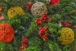 vistoso adornos y rojo serbas en abeto rama. Navidad árbol decoración. composición para invierno día festivo. abeto leña menuda con rojo baya y pelotas foto