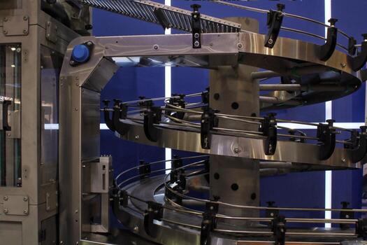 Big empty modern conveyor for sorting of goods. Industrial manufacturing. Factory constructions, technology, production line photo