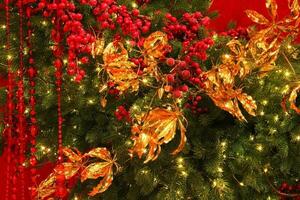 Close-up of Christmas tree in the house with decoration. Garland, lights, rowanberry, golden flowers on spruce fir branches. Winter holidays composition photo