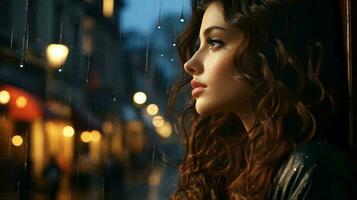 un hermosa pensativo mujer mira fuera el ventana a noche durante el lluvia y gotas fluir abajo el vaso. cara de un triste niña de cerca. ai generado foto