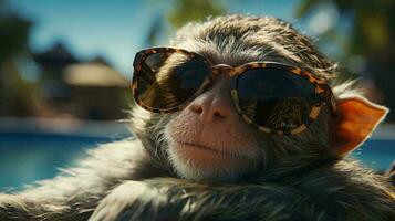 Little monkey in sunglasses on the beach on vacation resting, close-up face. AI generated photo