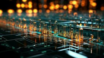 Computer futuristic high tech circuit board with microcircuits and electronic chips with transistors and resistors. AI generated photo