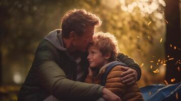 conmovedor momento de un padre abrazando su hijo a su cámping - generativo ai. foto