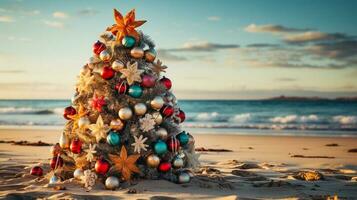 Christmas Tree Made of Ornaments, Starfish and Seashells On The Ocean Shore Beach Sand - Generative AI. photo