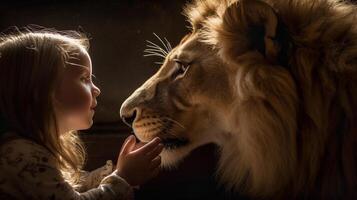 perfil de un audaz joven hembra niño suavemente conmovedor el cara de un muy grande león - generativo ai. foto