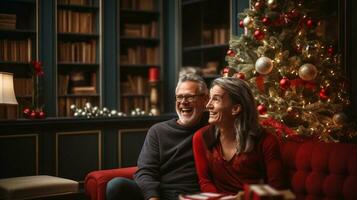 Cheerful Holiday Dressed Couple Portrait Sitting Near Christmas Tree - Generative AI. photo