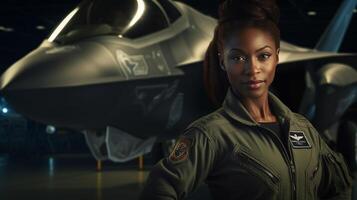 Proud African American Female Air Force Fighter Pilot Standing In Front of Her F35 - . photo