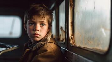 Sad, Afraid, Lonely and Cold Child Sits on a School Bus Alone - Generative AI. photo