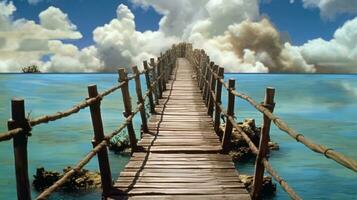 a long wooden bridge extending over a large body of water, connecting two land masses. The bridge is built with logs, and its structure looks sturdy and reliable. photo