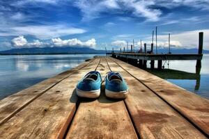 a serene scene of a pair of blue sneakers resting on a wooden plank over the water. The sneakers are positioned side by side, as if they are enjoying a moment of relaxation photo