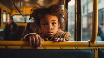 Sad, Afraid, Lonely and Cold Child Sits on a School Bus Alone - . photo