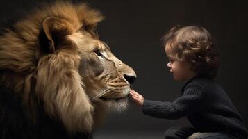perfil de un audaz joven hembra niño suavemente conmovedor el cara de un muy grande león - generativo ai. foto