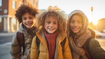 Happy Laughing Multi-ethnic Children On Their Way to School - . photo