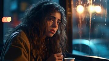 Young Girl Sits Alone and Afraid In a Damp Diner At Night - . photo