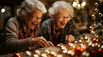 Happy Laughing Senior Adult Women Decorating for The Holidays Together - Generative AI. photo