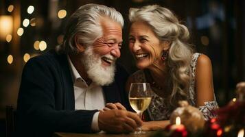 Happy Senior Adult Couple Enjoying A Holiday Glass of Wine Together Out On The Town - Generative AI. photo