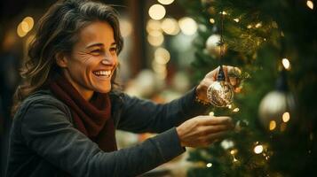 contento joven adulto mujer decorando el Navidad árbol - generativo ai. foto