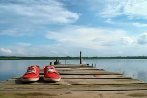 a pair of red sneakers sitting alone on a wooden pier. The shoes are positioned in the center of the scene, surrounded by a calm and serene atmosphere. The pier extends out into the water, photo