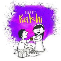 Happy Rakhi Celebration Concept with Doodle Style Illustration of Cute Girl Tying Rakhi to Her Brother on Abstract Splatter Background. vector