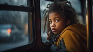 Sad, Afraid, Lonely and Cold Child Sits on a School Bus Alone - . photo