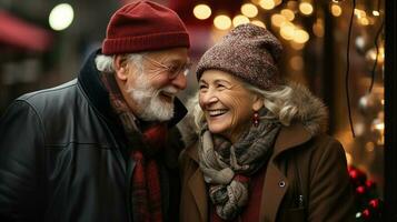 contento mayor adulto Pareja disfrutando un paseo entre el fiesta decorado pueblo tiendas juntos - generativo ai. foto