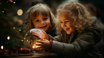 Young Children Enjoying Decorating the Christmas Tree Together - Generative AI. photo