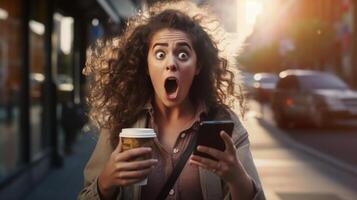 Delightedly Surprised or Horrified Young Adult Female Holding Her Coffee Cup and Cell Phone Walking Outside - . photo