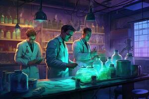 a dark room where three men dressed in lab coats are working with various chemicals and substances. They are standing close to a bench, which holds multiple bottles, beakers, and other equipment. photo