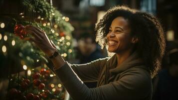 Happy Young African American Adult Woman Decorating the Christmas Tree - Generative AI. photo
