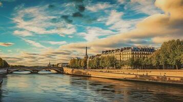 a captivating Parisian skyline with a mix of old and new architectural elements. The city's buildings and landmarks can be seen along the banks of a scenic river. A bridge crosses the water, photo