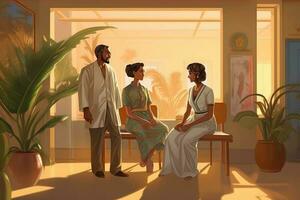 three people engaged in a conversation in a bright and sunny room. Two of the people are doctors, discussing a case, while a woman patient is seated and listening to their conversation. photo