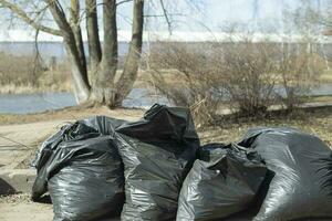 Garbage. Cleaning area. Black Garbage Bags. photo