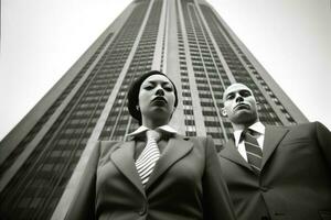 two business professionals, a man and a woman, standing back to back in front of a tall building. Both are dressed in suits and ties, showcasing their professional attire. photo