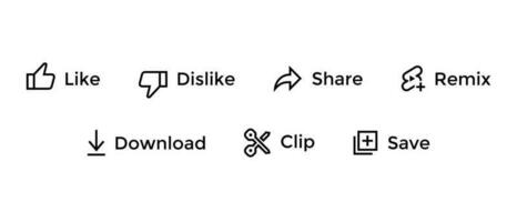 Like, dislike, share, remix, download, clip, and save icon vector. Streaming video channel UI vector