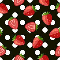 Pattern with big polka dot ornament, strawberries on black background. Simple, fashionable conspicuous, bright illustration. For prints, clothing, surface design. vector