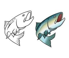 Jumping salmon fish in color and monochrome versions , flat design vector