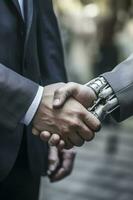 This stock photo depicts two businessmen shaking hands, with one of them wearing a robotic arm. The image signifies the potential integration