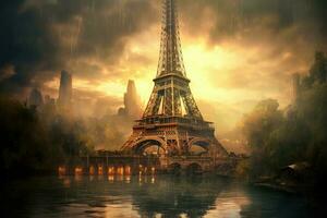 el eiffel torre, un icónico punto de referencia de París, Francia, situado en el bancos de un río. como el Dom brilla sobre él, el majestuoso torre brilla en el dorado luz, creando un impresionante atmósfera. foto