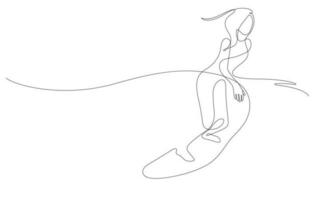 woman wave surfing balancing line art in one line drawing vector