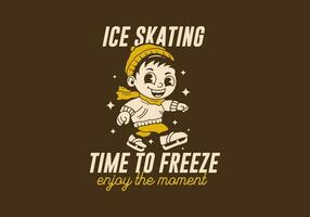 hielo Patinaje hora a congelar, mascota personaje ilustración de un pequeño chico jugando hielo patinar vector