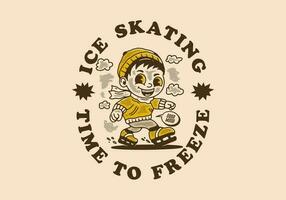 hielo Patinaje hora a congelar, mascota personaje ilustración de un pequeño chico jugando hielo patinar vector