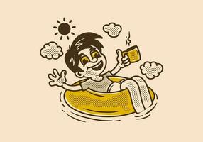 illustration of a child relaxes on a lifebuoy with his hand holding a cup of coffee vector