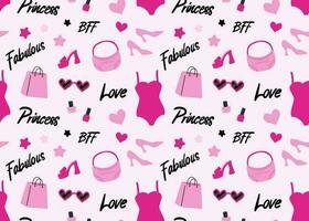 Cute trendy girly pink seamless pattern. Pink bag, swimsuit, shoes, sunglasses and nail polish. Lettering fabulous, princess, bff, love. vector