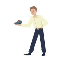 Salesman in shoe store offers sneakers for fitting - flat vector illustration isolated on white background.