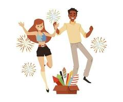 Joyful couple celebrating New Year or Birthday party, flat vector illustration.
