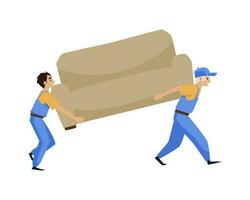 Two men carry sofa during relocation. Two porters, who works at move company, unloading couch furniture. vector