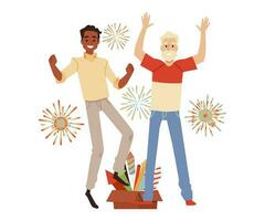 Happy young and old men rejoice at fireworks flat vector illustration isolated.